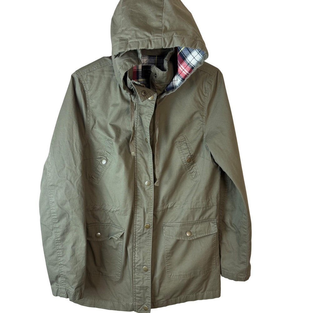 SALE‎ Womens Love Tree Olive Green Hooded Utility Jacket Size Medium Plaid Lined
